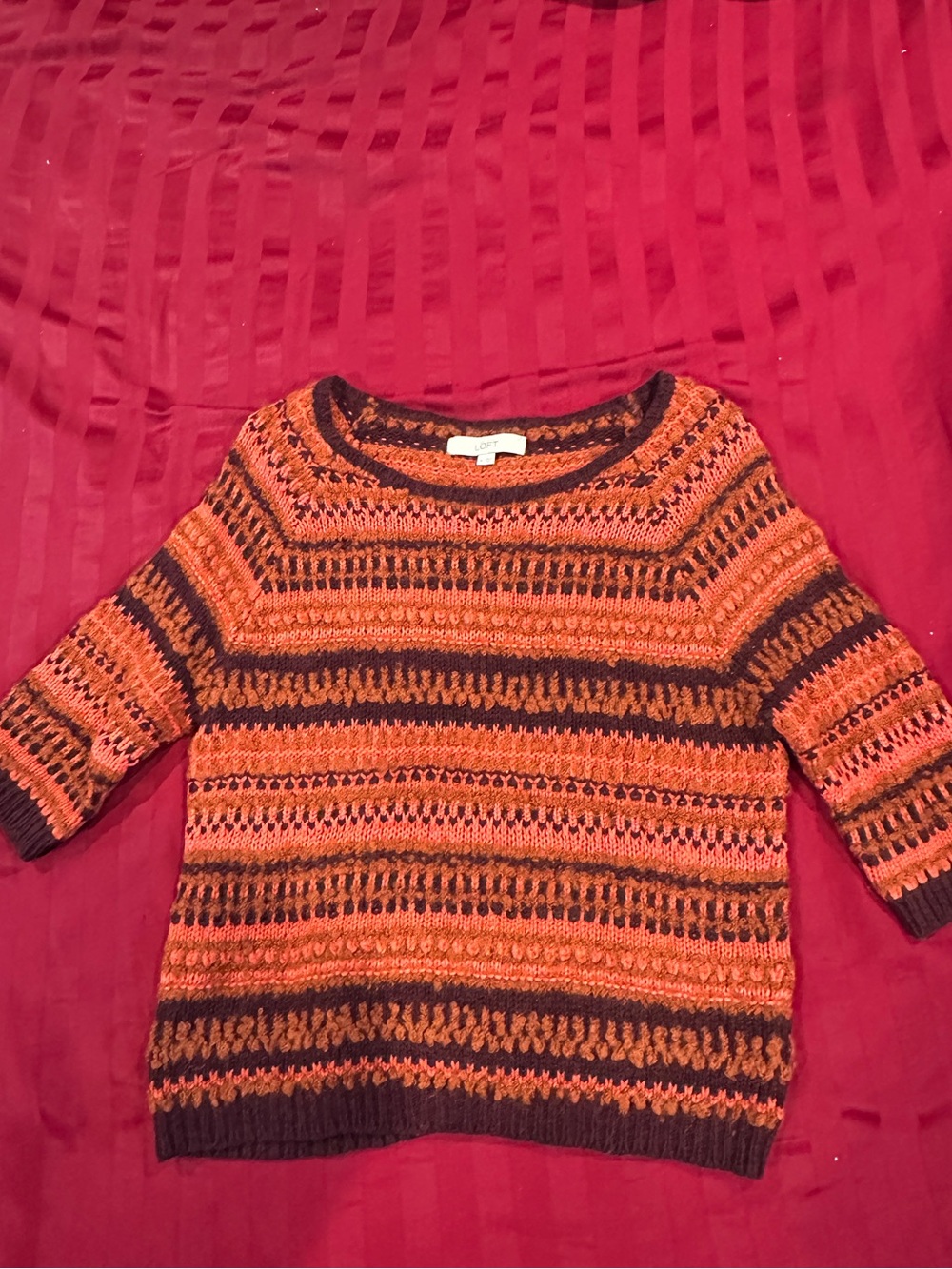 LOFT Orange and Brown Striped Scoop Neck Sweater